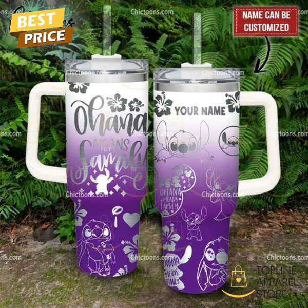 Personalized Ohana Means Family Stitch Bottles Tumbler With Handle And Straw – Purple