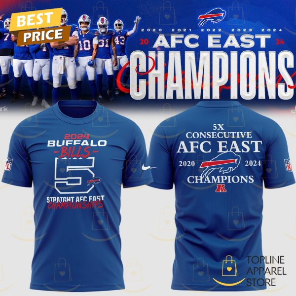 2024 Buffalo Bills 5x Consecutive AFC East 2020-2024 Champions 3D T-Shirt