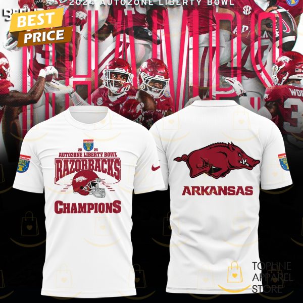 Arkansas Razorback 2024 Autozone Liberty Bowl Champions 3D T-Shirt – White