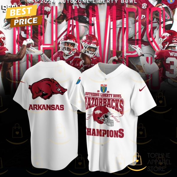 Arkansas Razorback 2024 Autozone Liberty Bowl Champions Baseball Jersey – White