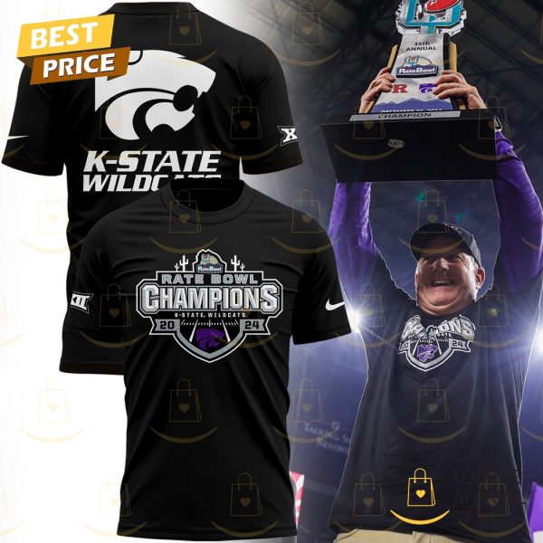 Kansas State Wildcats Football 2024 Rate Bowl Champions 3D T-Shirt – Black