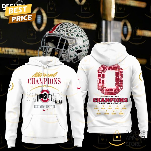 National Champions 2024-25 CFP Ohio State Buckeyes Hoodie – White