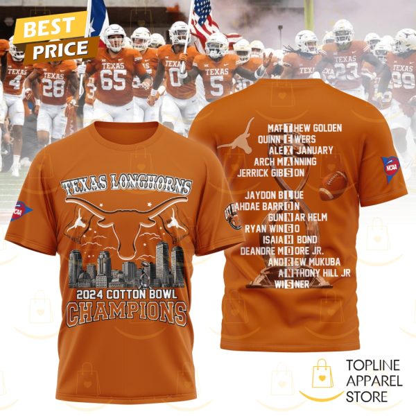 Texas Longhorns 2024 Cotton Bowl Champions 3D T-Shirt – Orange