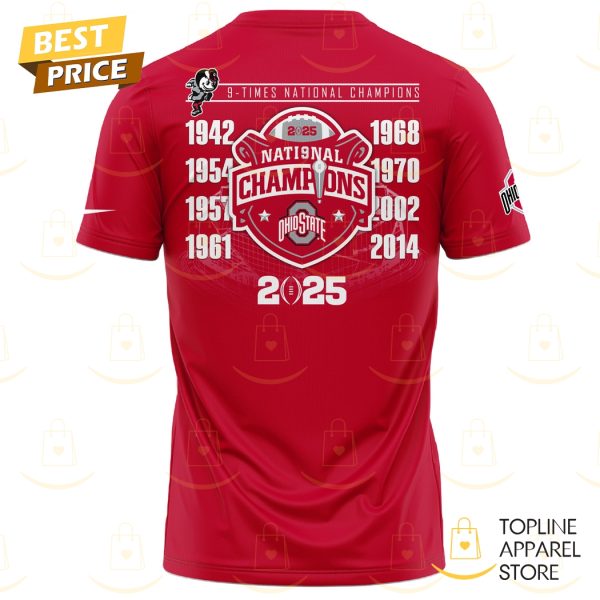 NCAA College Football National Champions 2025 Ohio State Buckeyes – 9 Time National Champions 3D T-Shirt – Red