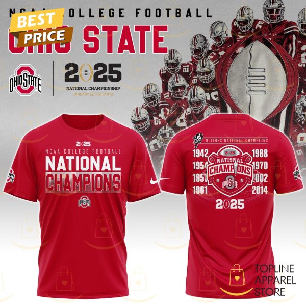 NCAA College Football National Champions 2025 Ohio State Buckeyes – 9 Time National Champions 3D T-Shirt – Red