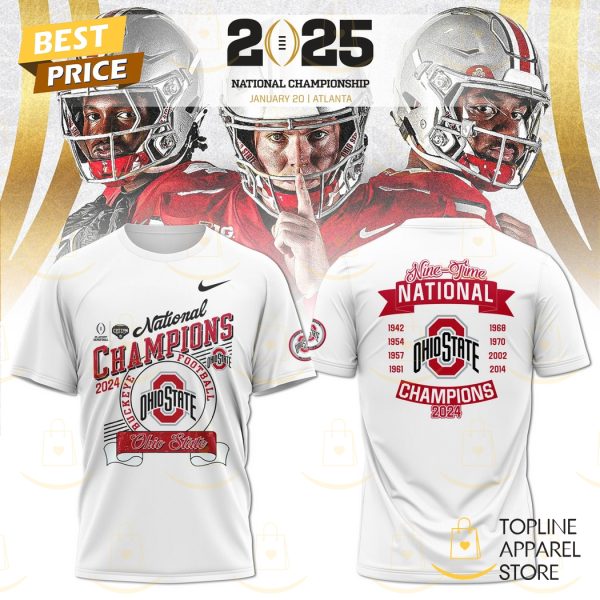 National Champions 2024 College Football Playoff Ohio State Buckeyes Nine -Time 3D T-Shirt – White