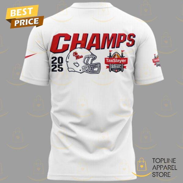 2025 Ole Miss Rebels Taxslayer Gator Bowl Champions 3D T-Shirt – White