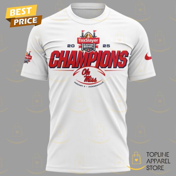 2025 Ole Miss Rebels Taxslayer Gator Bowl Champions 3D T-Shirt – White