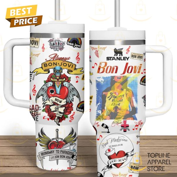 Bon Jovi Now And Forever Tumbler With Handle And Straw – White