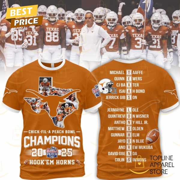 Chick Fil A Peach Bowl Champions 2025 Texas Longhorns Hook Em Horns 3D T-Shirt