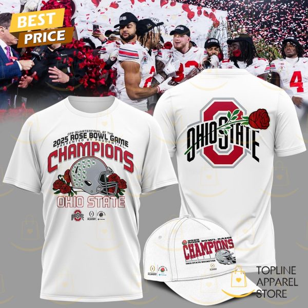 Ohio State Buckeyes 2025 Rose Bowl Game Champions 3D T-Shirt – White