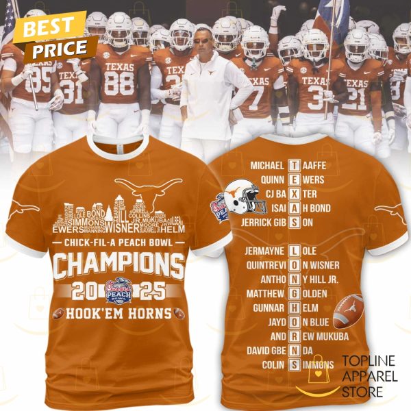 Chick Fil A Peach Bowl 2025 Champions Texas Longhorns Hook Em Horns 3D T-Shirt