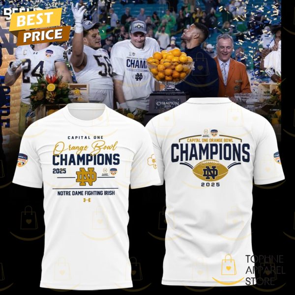 Notre Dame Fighting Irish Football 2025 Orange Bowl Champions 3D T-Shirt – White