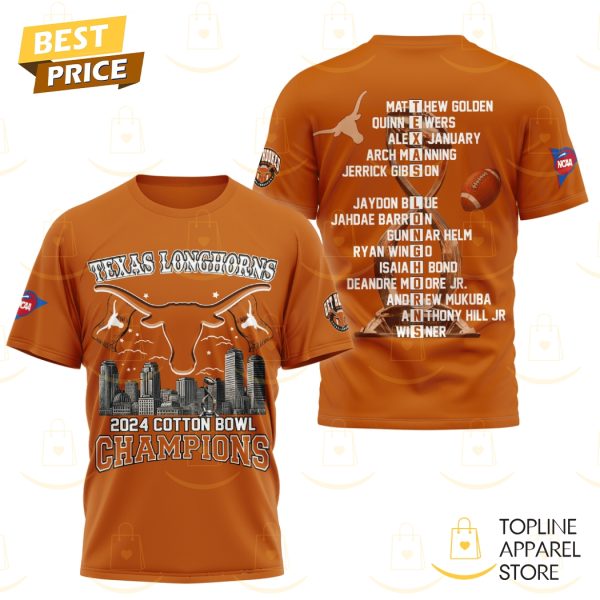 Texas Longhorns 2024 Cotton Bowl Champions 3D T-Shirt – Orange