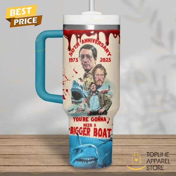Personalized 50th Anniversary 1975-2025 Jaws You Are Gonna Need A Bigger Boat Tumbler With Handle And Straw