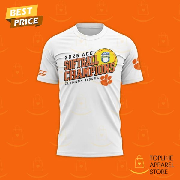 Clemson Tigers 2025 ACC Softball Conference Tournament Champions 3D T-Shirt – White