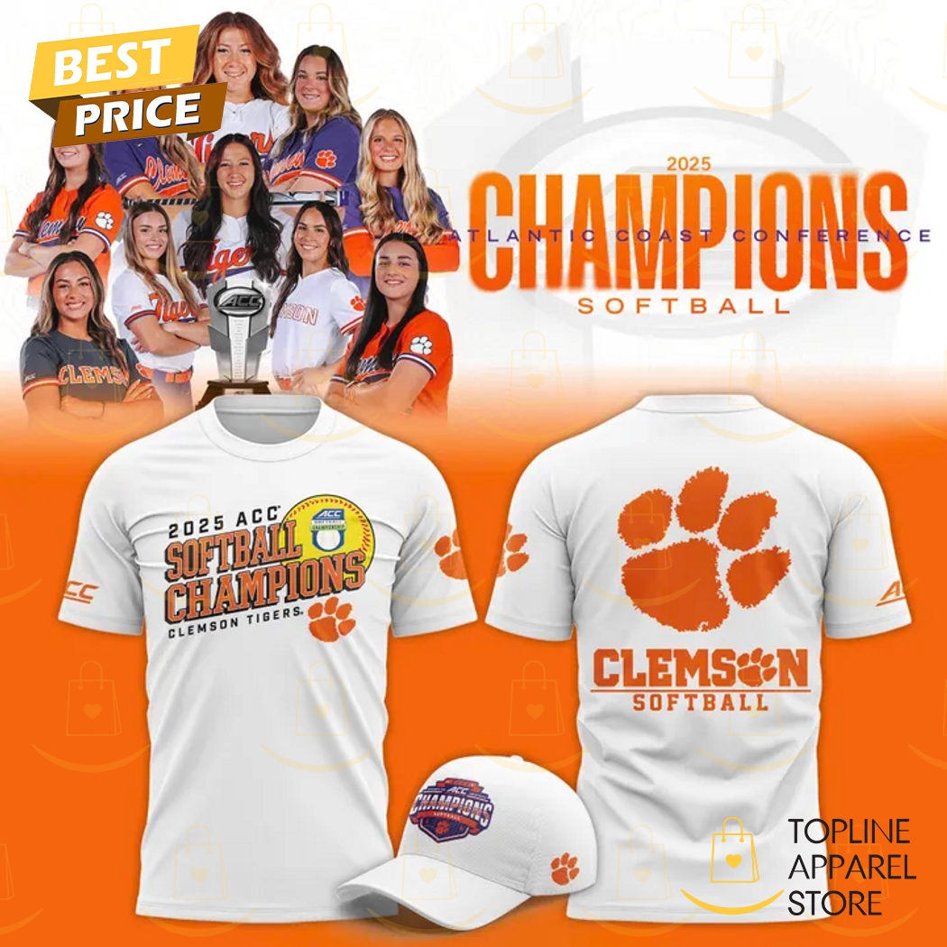 Clemson Tigers 2025 ACC Softball Conference Tournament Champions 3D T-Shirt - White Clemson Tigers 2025 ACC Softball Conference Tournament Champions 3D T-Shirt - White