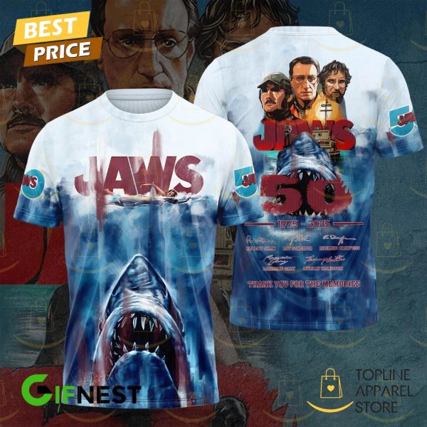 Jaws 50 Years 1975-2025 Signature Thank You For The Memories 3D T-Shirt