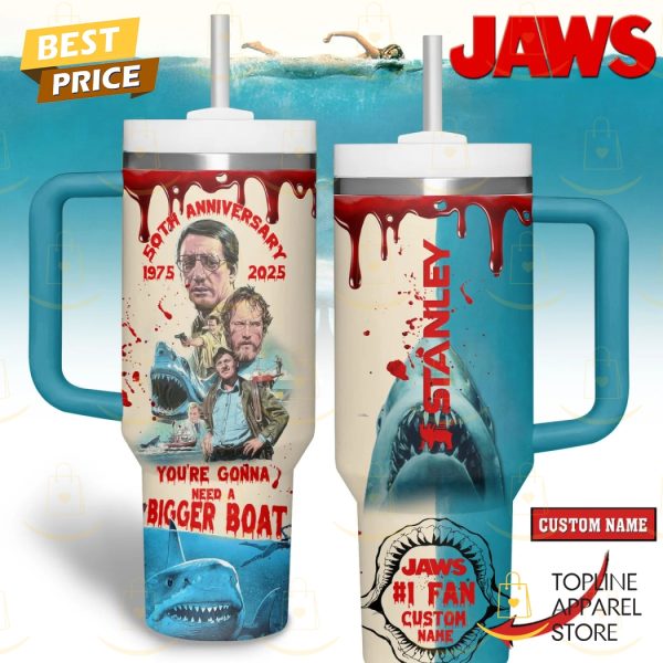 Personalized 50th Anniversary 1975-2025 Jaws You Are Gonna Need A Bigger Boat Tumbler With Handle And Straw
