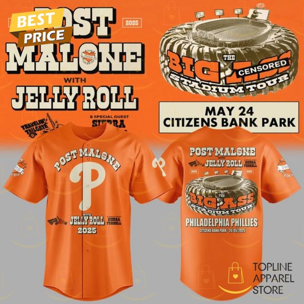 Post Malone With Jelly Roll x Philadelphia Phillies 2025 The Big Ass Stadium Tour Baseball Jersey