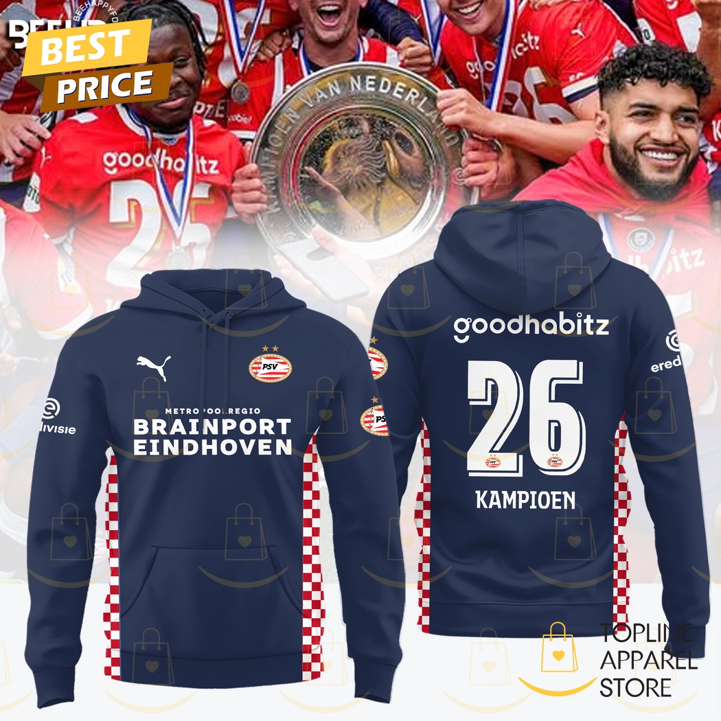 PSV Eindhoven F.C 26 Kampioen Eredivisie Cup Champions 2025 Hoodie - Blue PSV Eindhoven F.C 26 Kampioen Eredivisie Cup Champions 2025 Hoodie - Blue