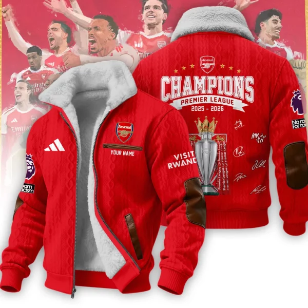 Arsenal FC Premier League Champions 2025-2026 Personalized Signatures Sherpa Lined Winter Fleece Jacket