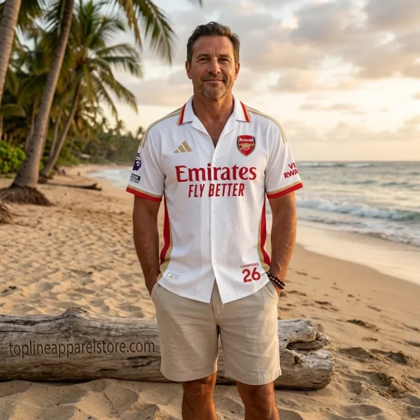 Arsenal FC Premier League Champions 2025/26 Commemorative White Short Sleeve Button-Down Hawaiian Shirt