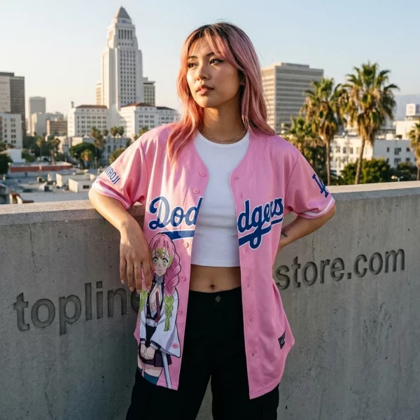 LA Dodgers Demon Slayer Mitsuri Kanroji Pink Crossover Baseball Jersey
