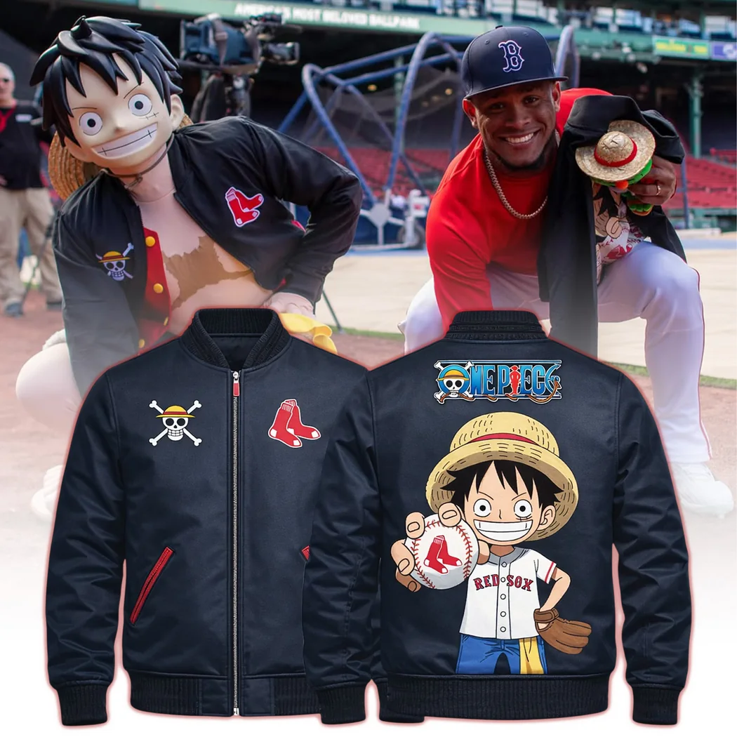 One Piece x Red Sox Luffy Limited Edition Full-Zip Crossover Bomber Jacket One Piece x Red Sox Luffy Limited Edition Full-Zip Crossover Bomber Jacket