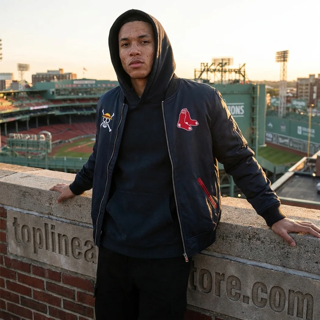 One Piece x Red Sox Luffy Limited Edition Full-Zip Crossover Bomber Jacket One Piece x Red Sox Luffy Limited Edition Full-Zip Crossover Bomber Jacket