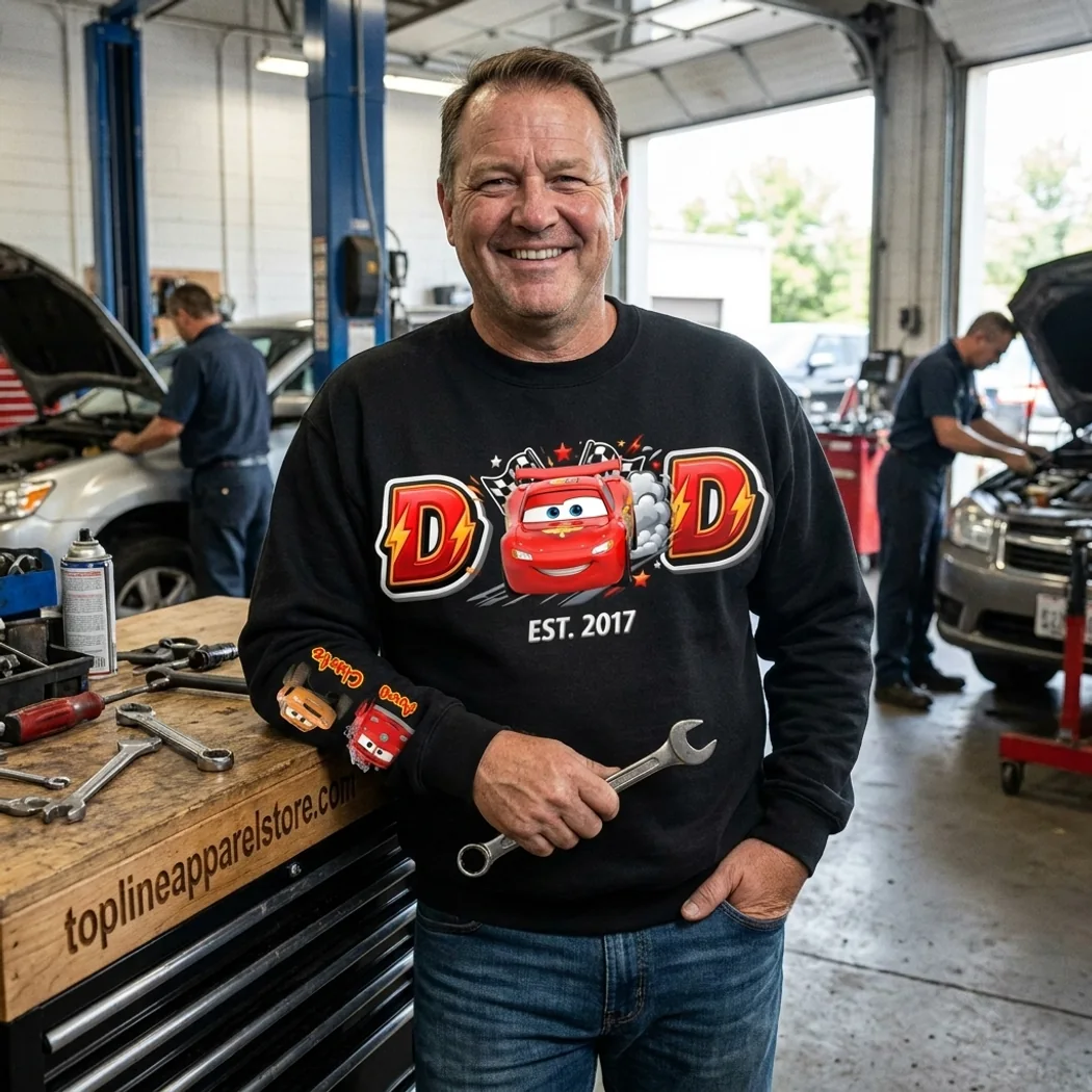 Personalized Lightning McQueen Racing Dad with Custom Kids Names on Sleeve Father’s Day Gift Crewneck Sweatshirt Personalized Lightning McQueen Racing Dad with Custom Kids Names on Sleeve Father’s Day Gift Crewneck Sweatshirt