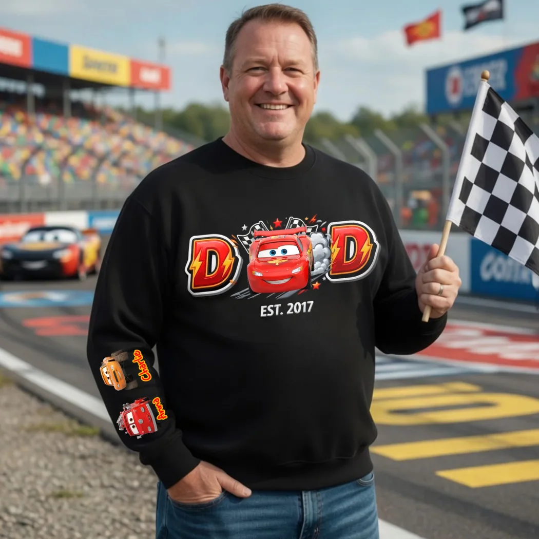 Personalized Lightning McQueen Racing Dad with Custom Kids Names on Sleeve Father’s Day Gift Crewneck Sweatshirt Personalized Lightning McQueen Racing Dad with Custom Kids Names on Sleeve Father’s Day Gift Crewneck Sweatshirt