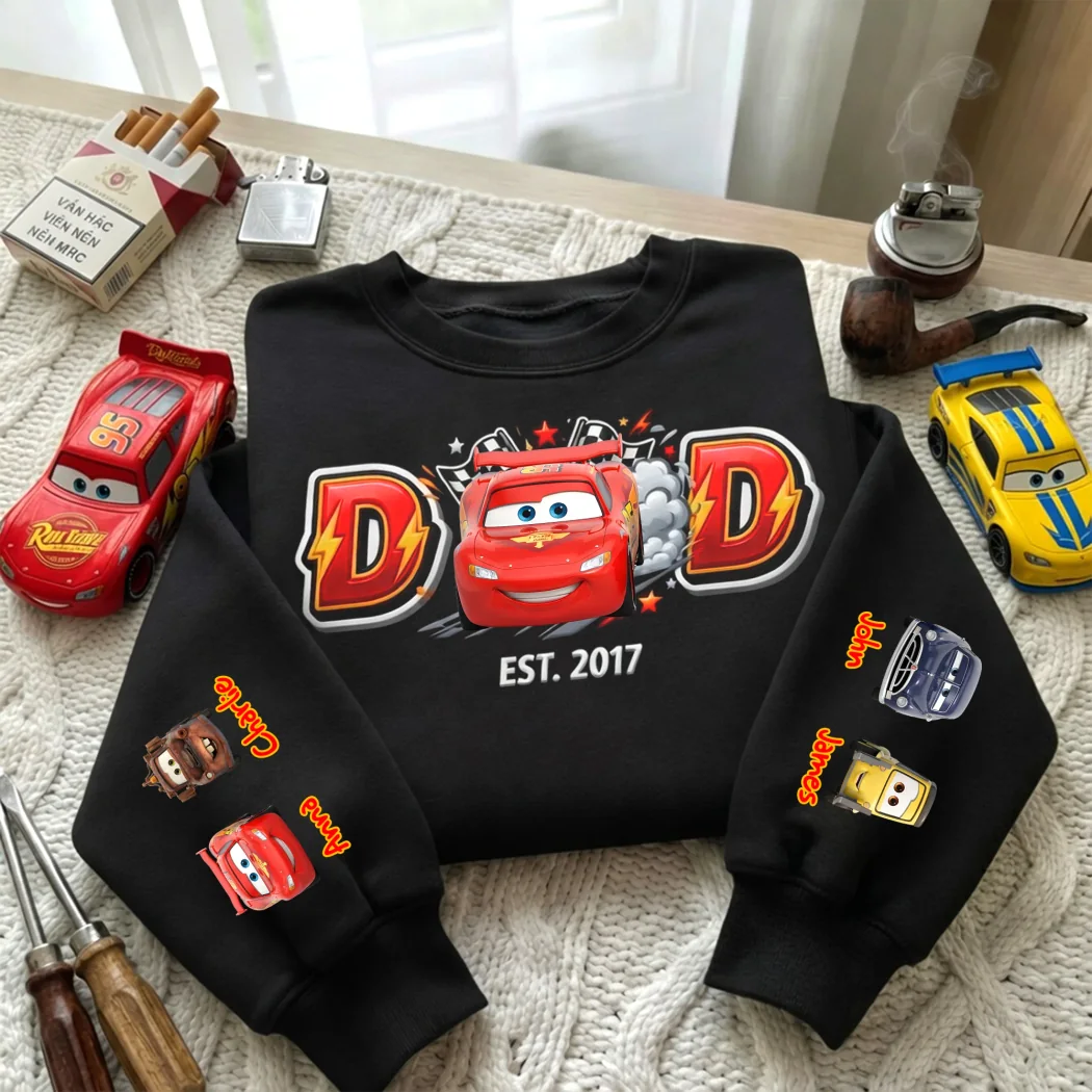 Personalized Lightning McQueen Racing Dad with Custom Kids Names on Sleeve Father’s Day Gift Crewneck Sweatshirt Personalized Lightning McQueen Racing Dad with Custom Kids Names on Sleeve Father’s Day Gift Crewneck Sweatshirt