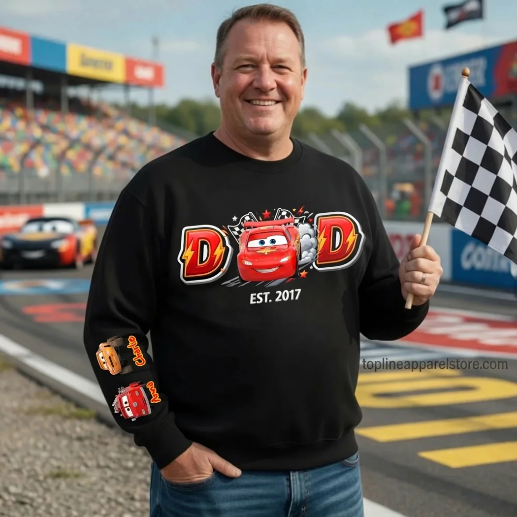 Personalized Lightning McQueen Racing Dad with Custom Kids Names on Sleeve Father’s Day Gift Crewneck Sweatshirt Personalized Lightning McQueen Racing Dad with Custom Kids Names on Sleeve Father’s Day Gift Crewneck Sweatshirt