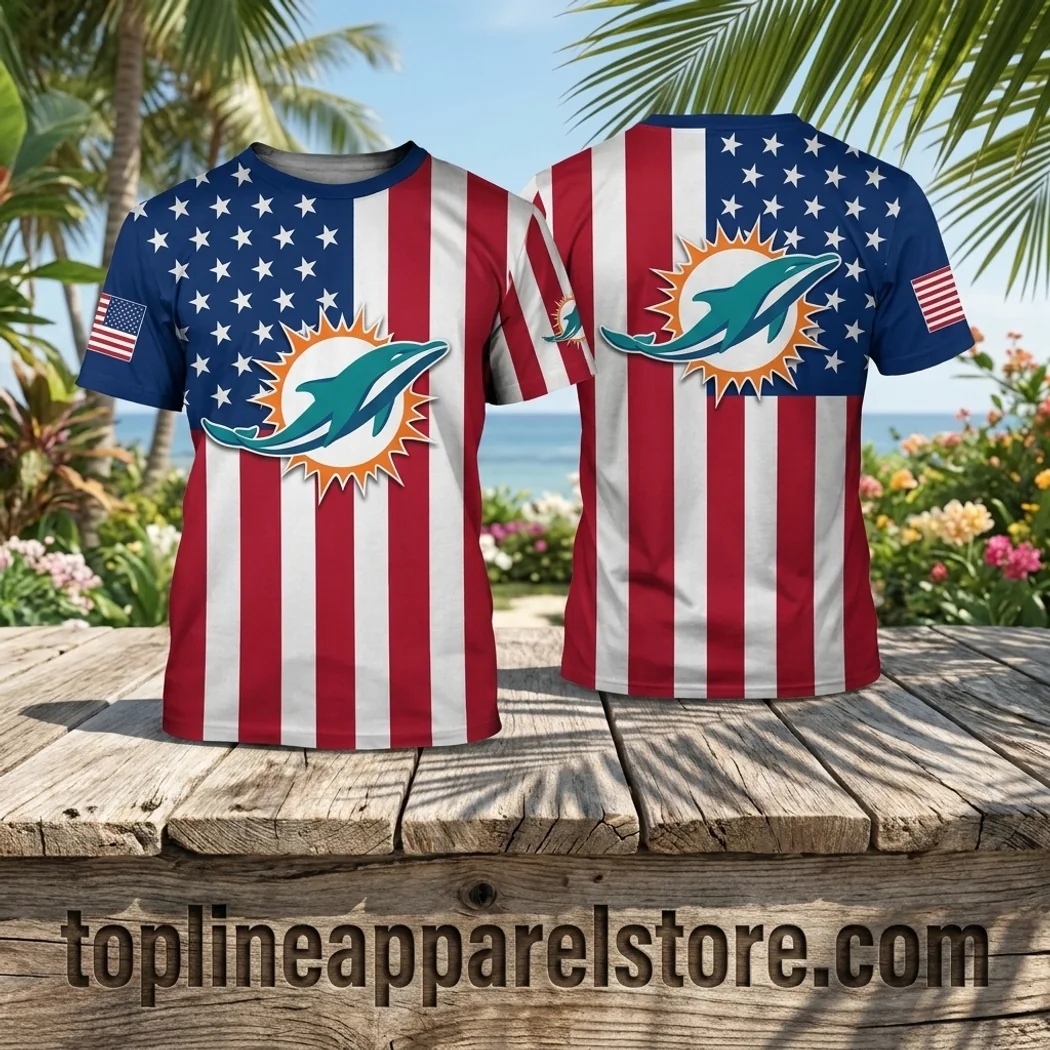Premium Miami Dolphins NFL America 250th Anniversary Patriotic American Flag 3D Print T-Shirt Premium Miami Dolphins NFL America 250th Anniversary Patriotic American Flag 3D Print T-Shirt