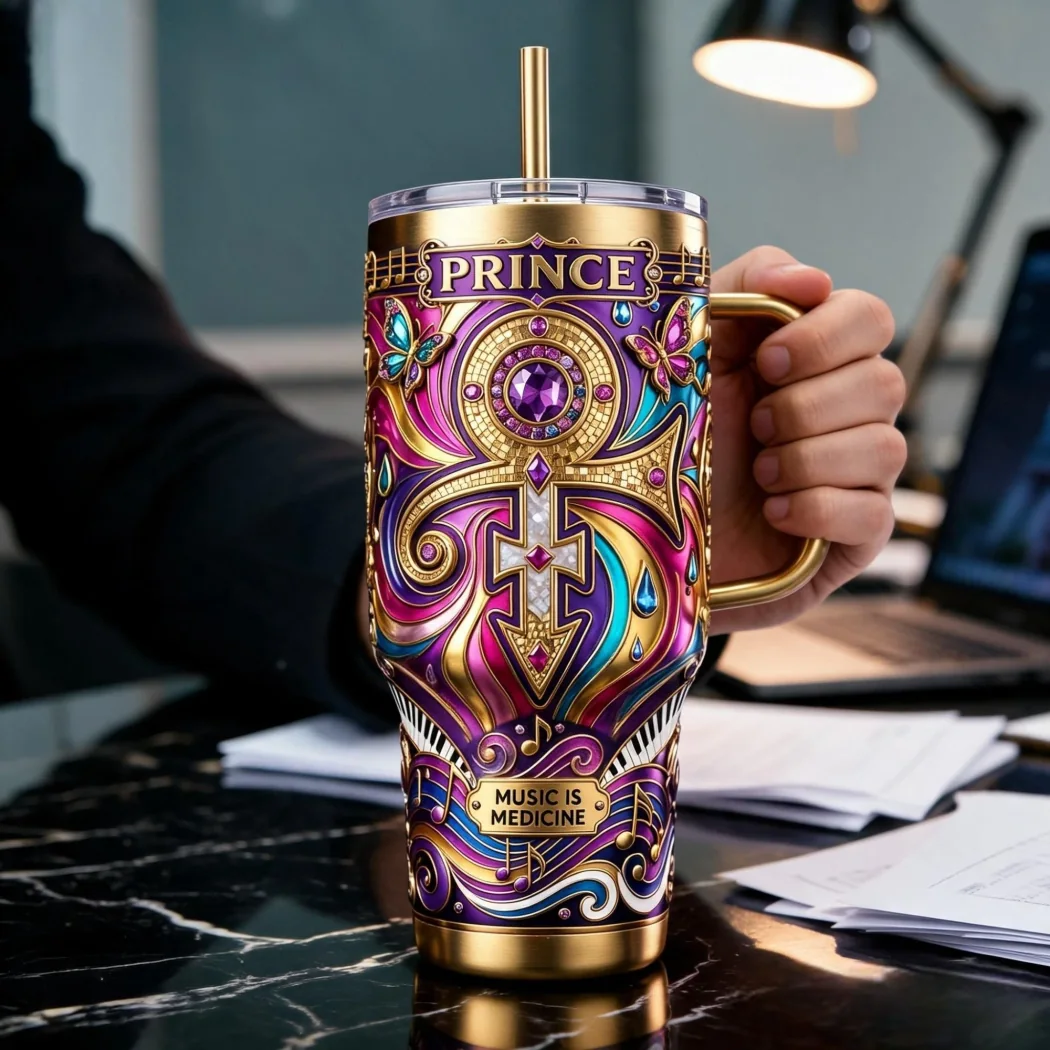 Prince Tribute Love Symbol Music Is Medicine Purple Rain Luxury Insulated 40oz Tumbler with Handle Prince Tribute Love Symbol Music Is Medicine Purple Rain Luxury Insulated 40oz Tumbler with Handle