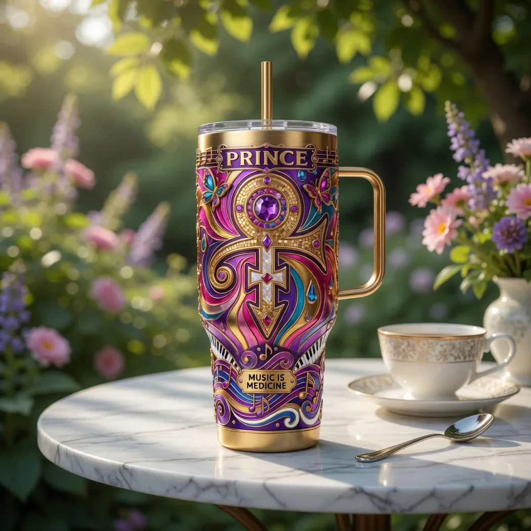 Prince Tribute Love Symbol Music Is Medicine Purple Rain Luxury Insulated 40oz Tumbler with Handle Prince Tribute Love Symbol Music Is Medicine Purple Rain Luxury Insulated 40oz Tumbler with Handle