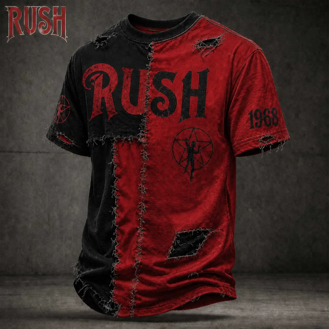 Rush 1968 Distressed Patched Black Red T-Shirt Rush 1968 Distressed Patched Black Red T-Shirt