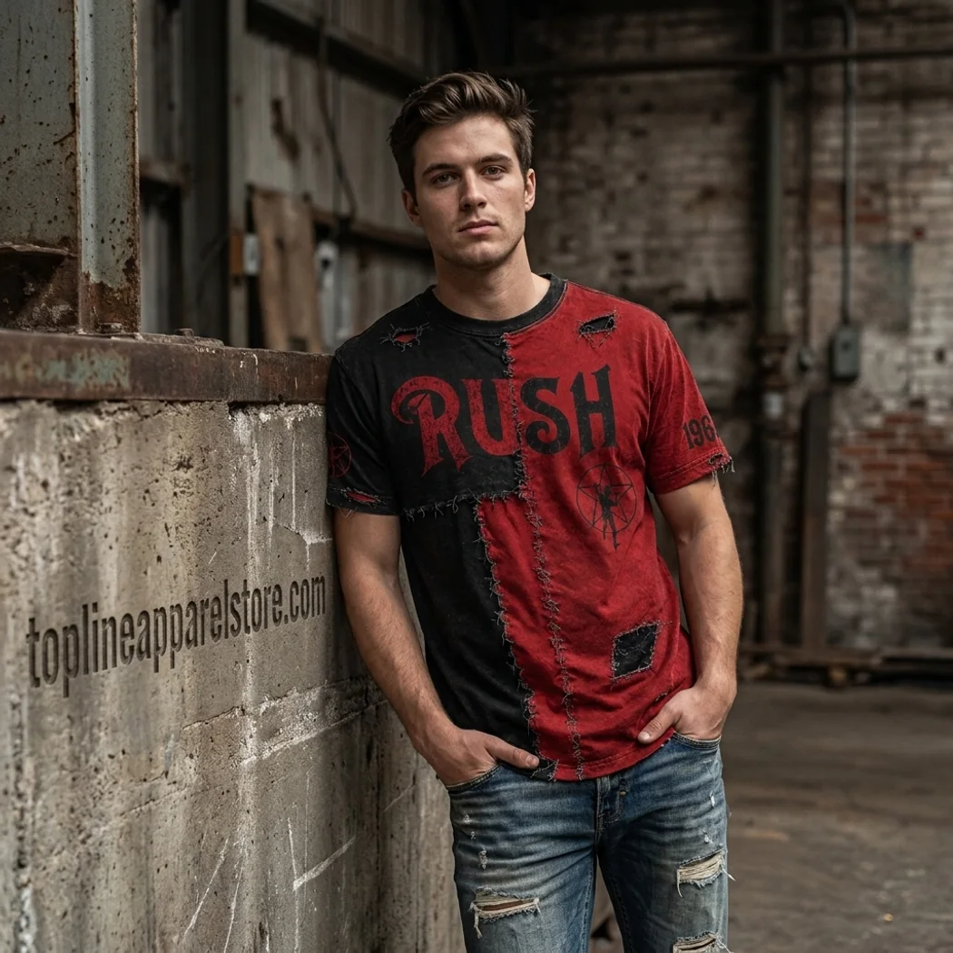 Rush 1968 Distressed Patched Black Red T-Shirt Rush 1968 Distressed Patched Black Red T-Shirt
