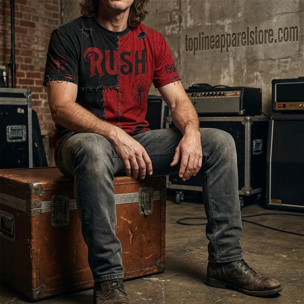Rush 1968 Distressed Patched Black Red T-Shirt Rush 1968 Distressed Patched Black Red T-Shirt