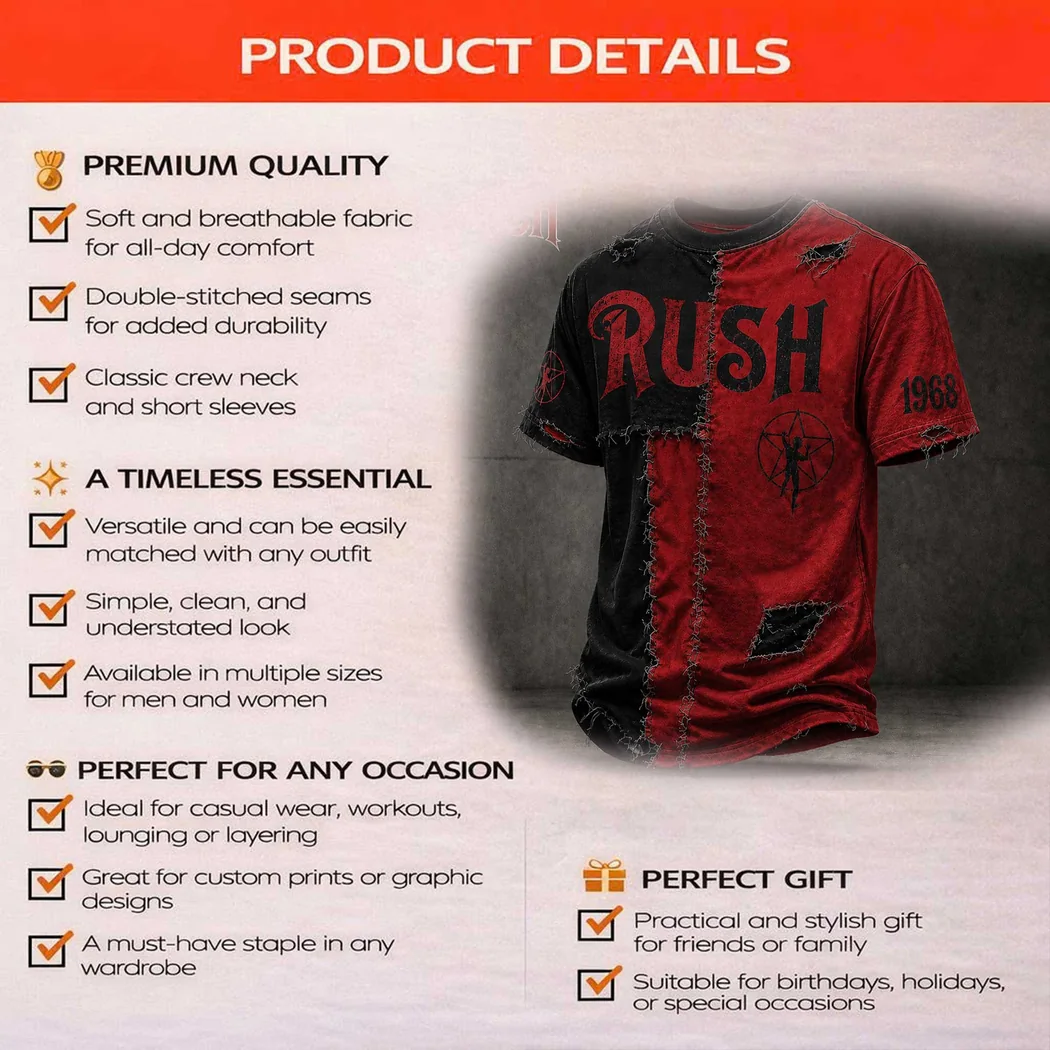 Rush 1968 Distressed Patched Black Red T-Shirt Rush 1968 Distressed Patched Black Red T-Shirt
