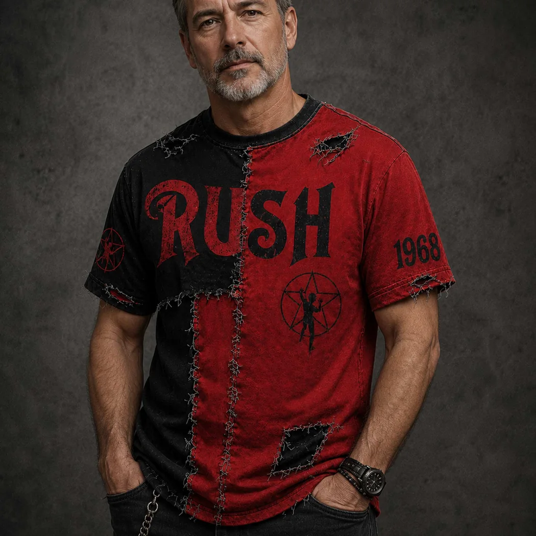 Rush 1968 Distressed Patched Black Red T-Shirt Rush 1968 Distressed Patched Black Red T-Shirt