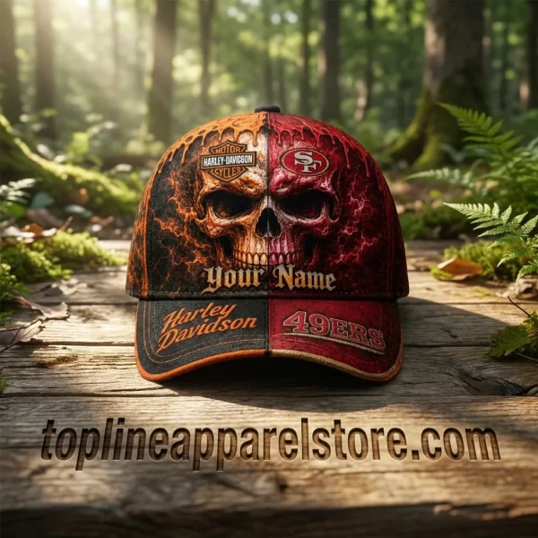 San Francisco 49ers Harley Davidson Personalized Split Skull Premium Baseball Cap