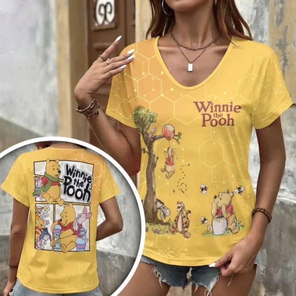 Winnie the Pooh & Friends Yellow 3D All-Over Print Women’s V-Neck T-Shirt