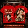 Elvis Presley The King of Rock n Roll Vintage Red Premium Double Sided 3D Graphic T-Shirt