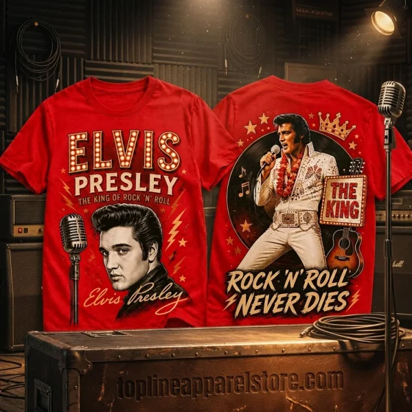 Elvis Presley The King of Rock n Roll Vintage Red Premium Double Sided 3D Graphic T-Shirt