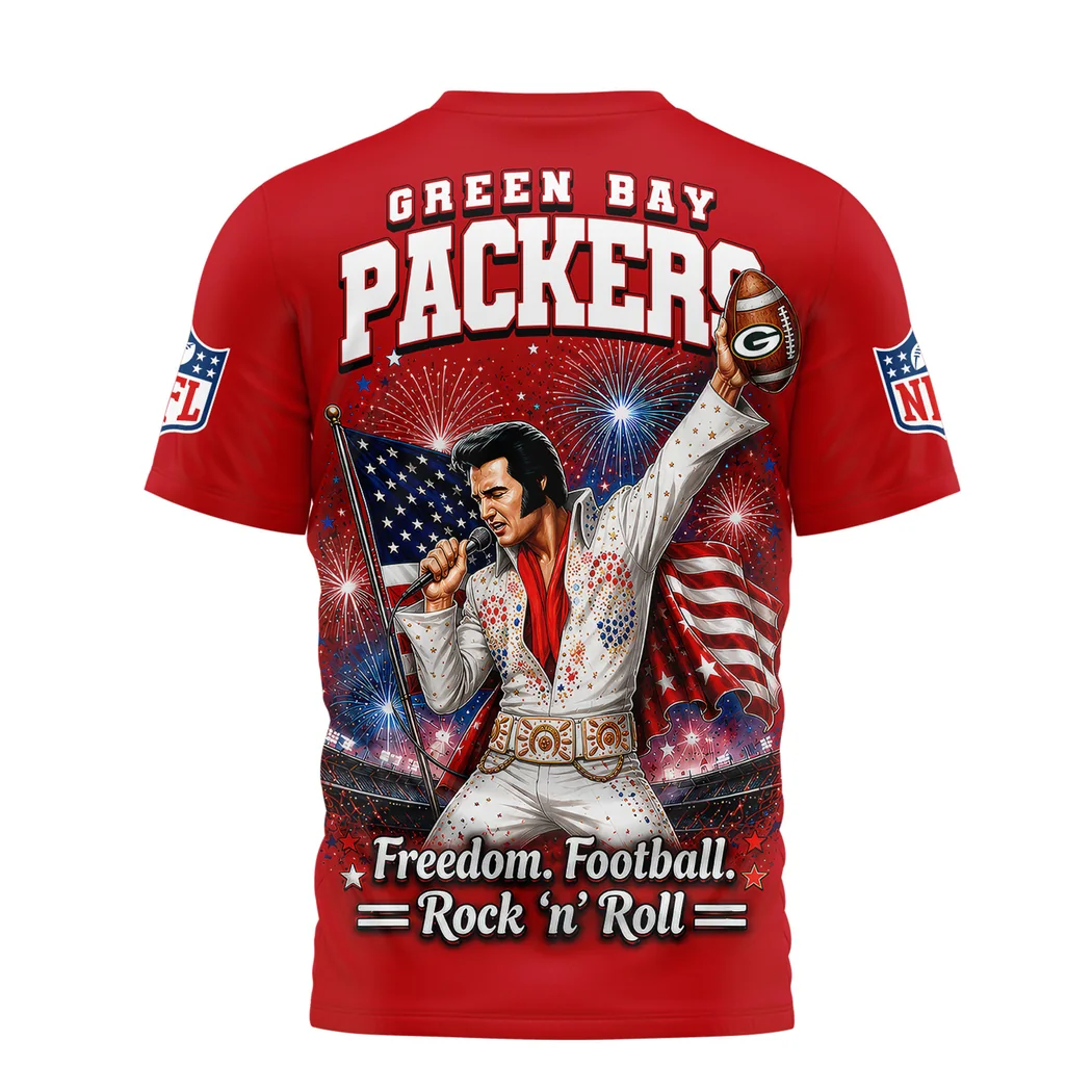 Green Bay Packers Elvis Presley Patriotic America 250 Freedom Football Red 3D T-Shirt Green Bay Packers Elvis Presley Patriotic America 250 Freedom Football Red 3D T-Shirt