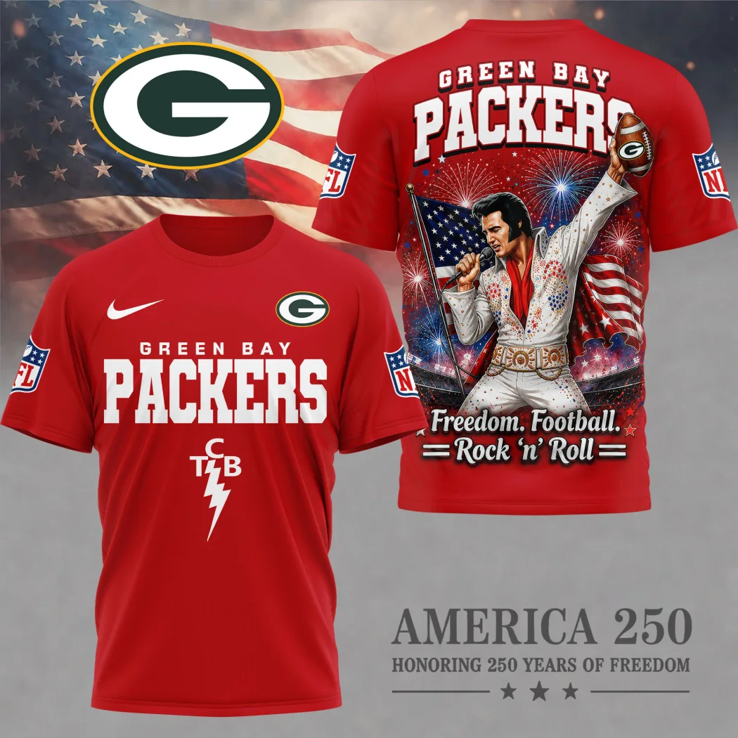 Green Bay Packers Elvis Presley Patriotic America 250 Freedom Football Red 3D T-Shirt Green Bay Packers Elvis Presley Patriotic America 250 Freedom Football Red 3D T-Shirt