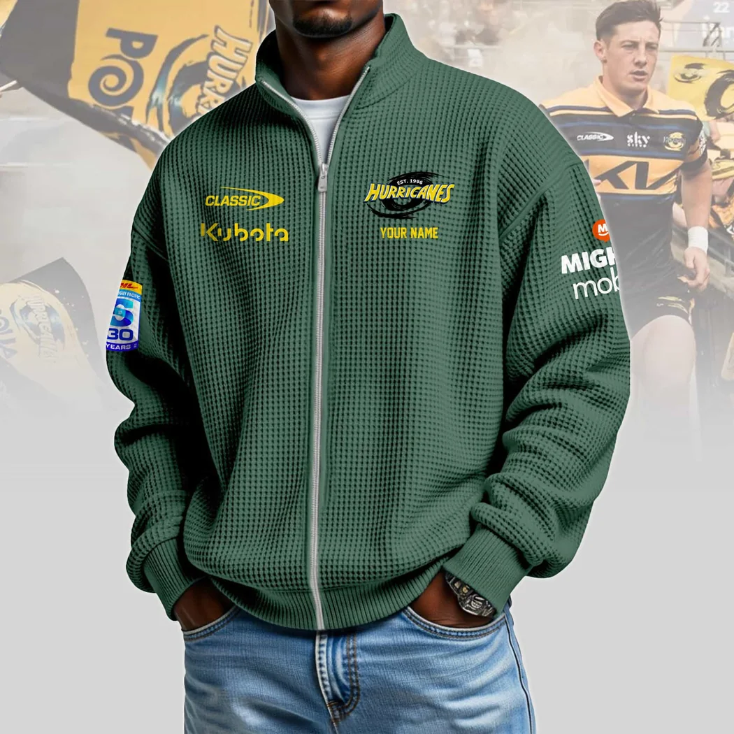 Hurricanes Rugby Personalized 30 Years Anniversary Yellow Waffle Knit Full-Zip Zipper Sweater Hurricanes Rugby Personalized 30 Years Anniversary Yellow Waffle Knit Full-Zip Zipper Sweater