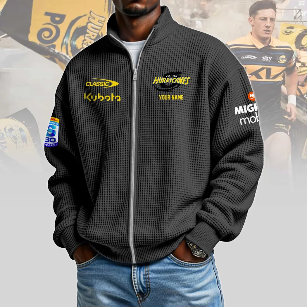 Hurricanes Rugby Personalized 30 Years Anniversary Yellow Waffle Knit Full-Zip Zipper Sweater Hurricanes Rugby Personalized 30 Years Anniversary Yellow Waffle Knit Full-Zip Zipper Sweater